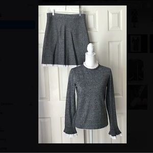 Saks Fifth Avenue 2pc Gray White Knit Top & Skirt Set Size Med Ruffle Stretch